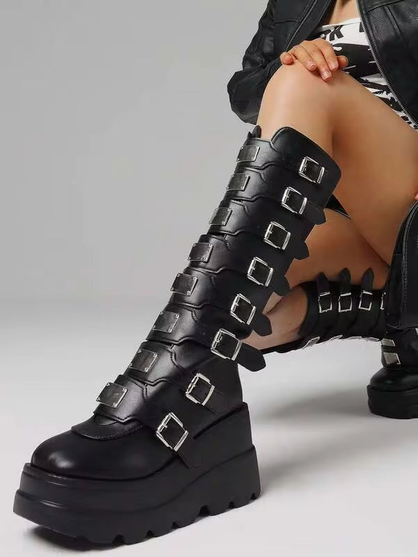 Black Gothic Women's Boots Motorcycle Metal Buckle Wedge Platform Knee High Boots Punk Nightclub Shoes Women
